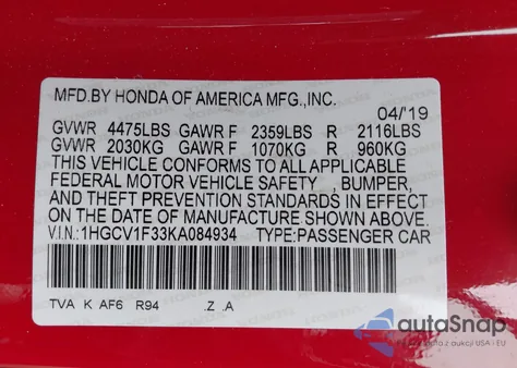 2019 Honda Accord Sport из США, поврежденный, VIN 1HGCV1F33KA084934